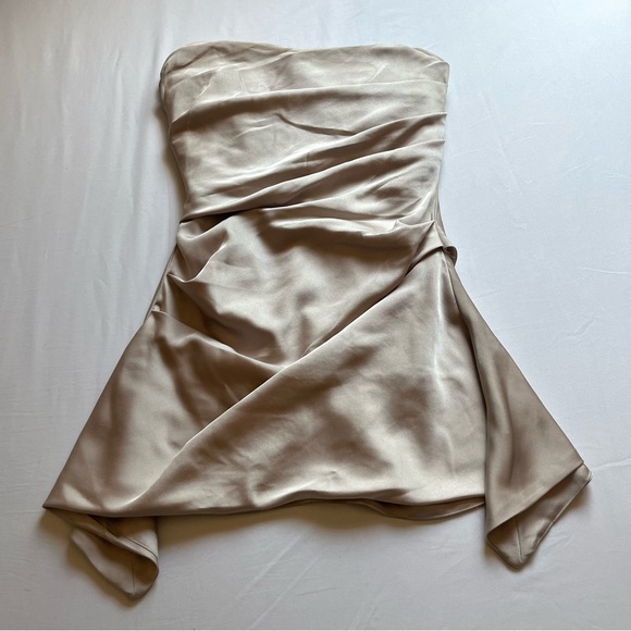 House of CB Tops - HOUSE OF CB tan satin draped ruched strapless corset bustier crop top
